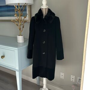 Kate Spade black wool coat with fur and velvet trim
